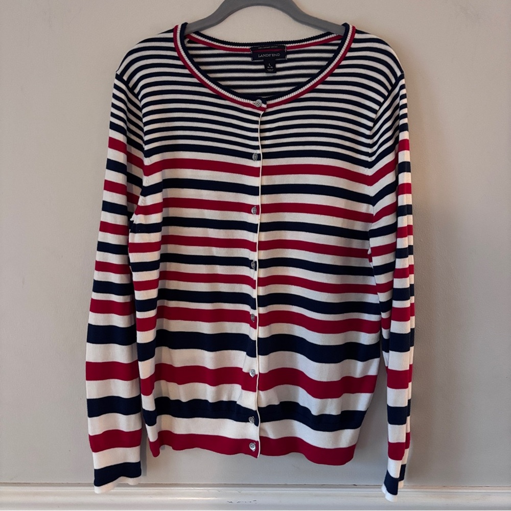 Lands' End Navy, White & Red Striped Button-Up Sweater July 4th